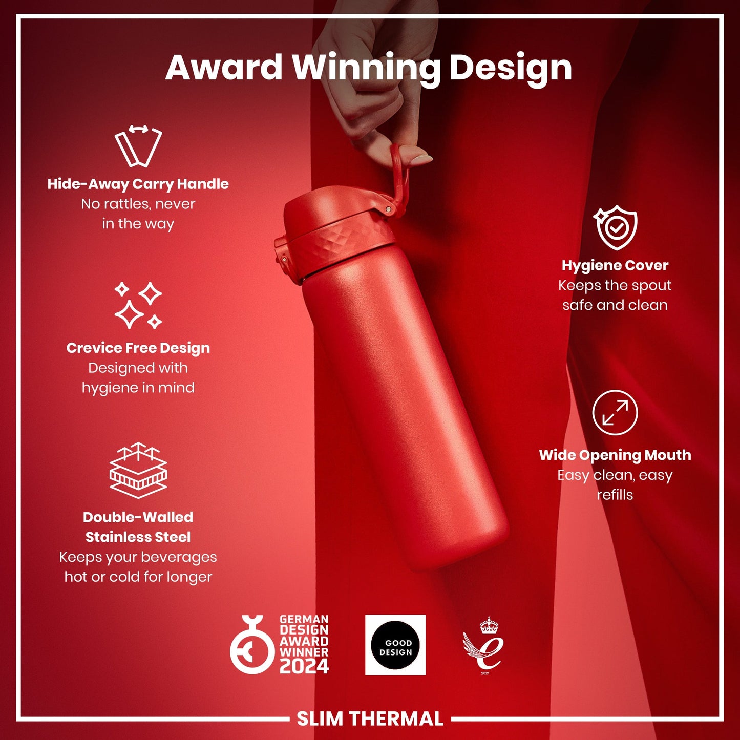 Red thermos bottle with features listed on a red background