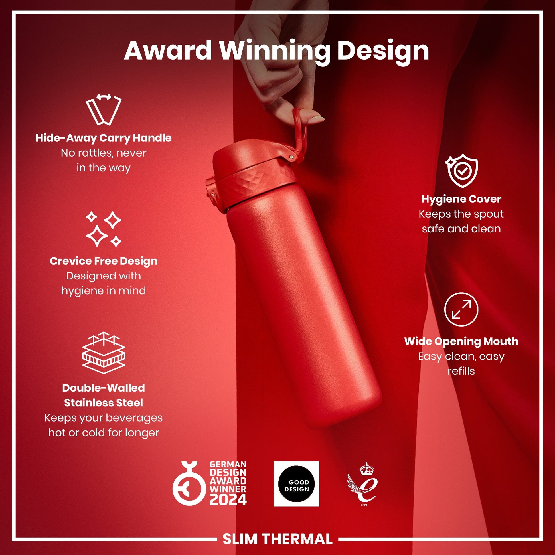 Red thermos bottle with features listed on a red background