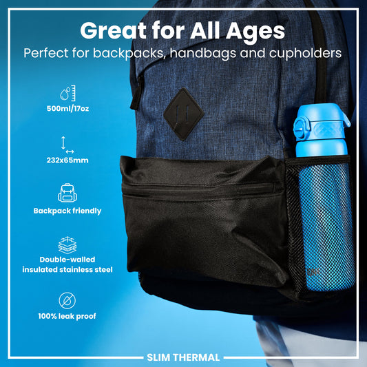 Blue water bottle in a backpack with product features listed on a blue background
