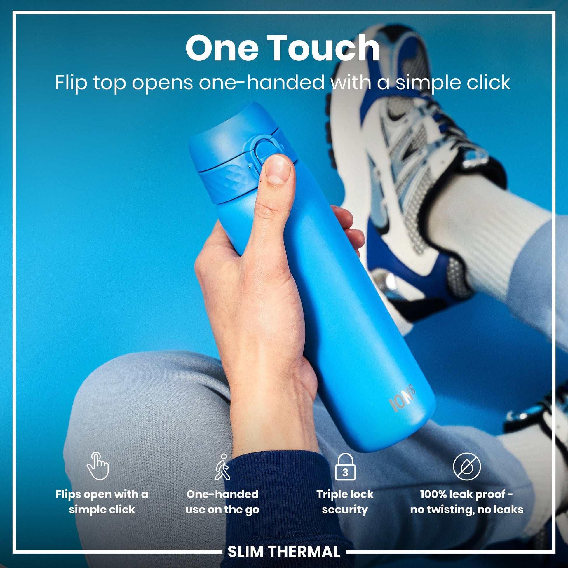 Blue insulated bottle held by a person with text highlighting features on a blue background
