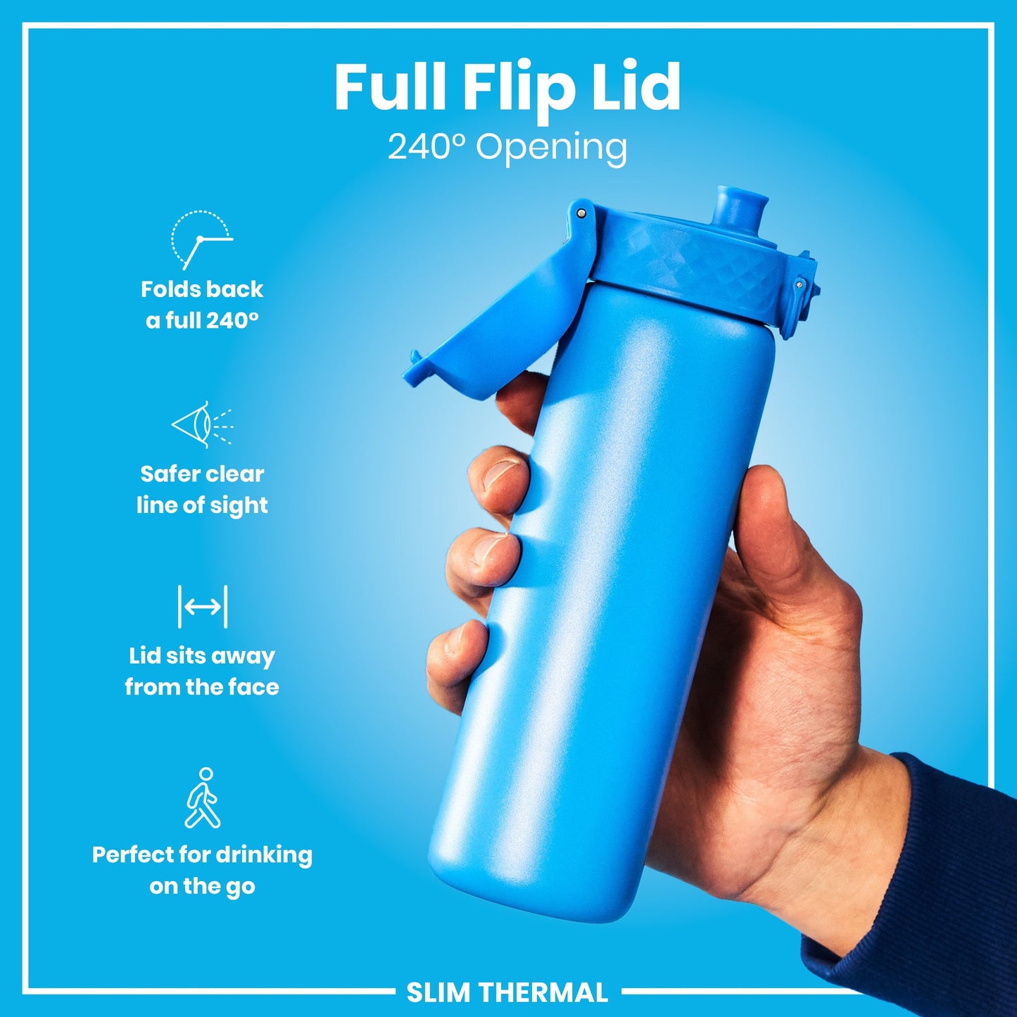 Blue water bottle with a full flip lid held by a hand on a blue background