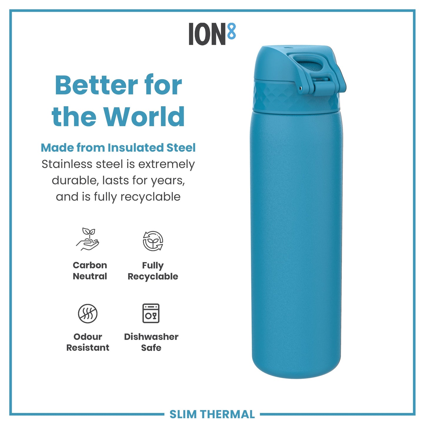 Blue insulated steel water bottle with ION8 branding and sustainability features on a white background