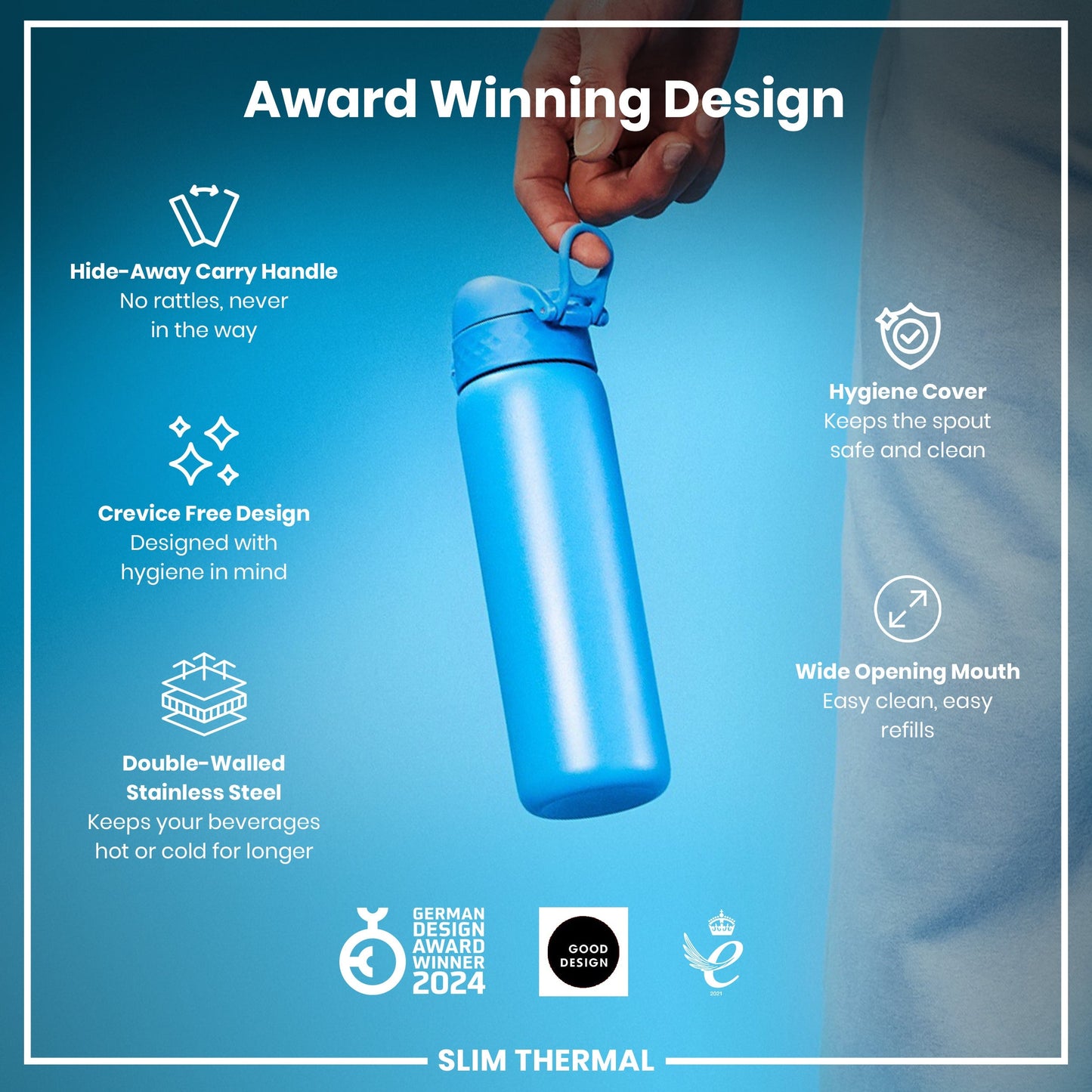Blue thermos bottle with features highlighted on a blue background