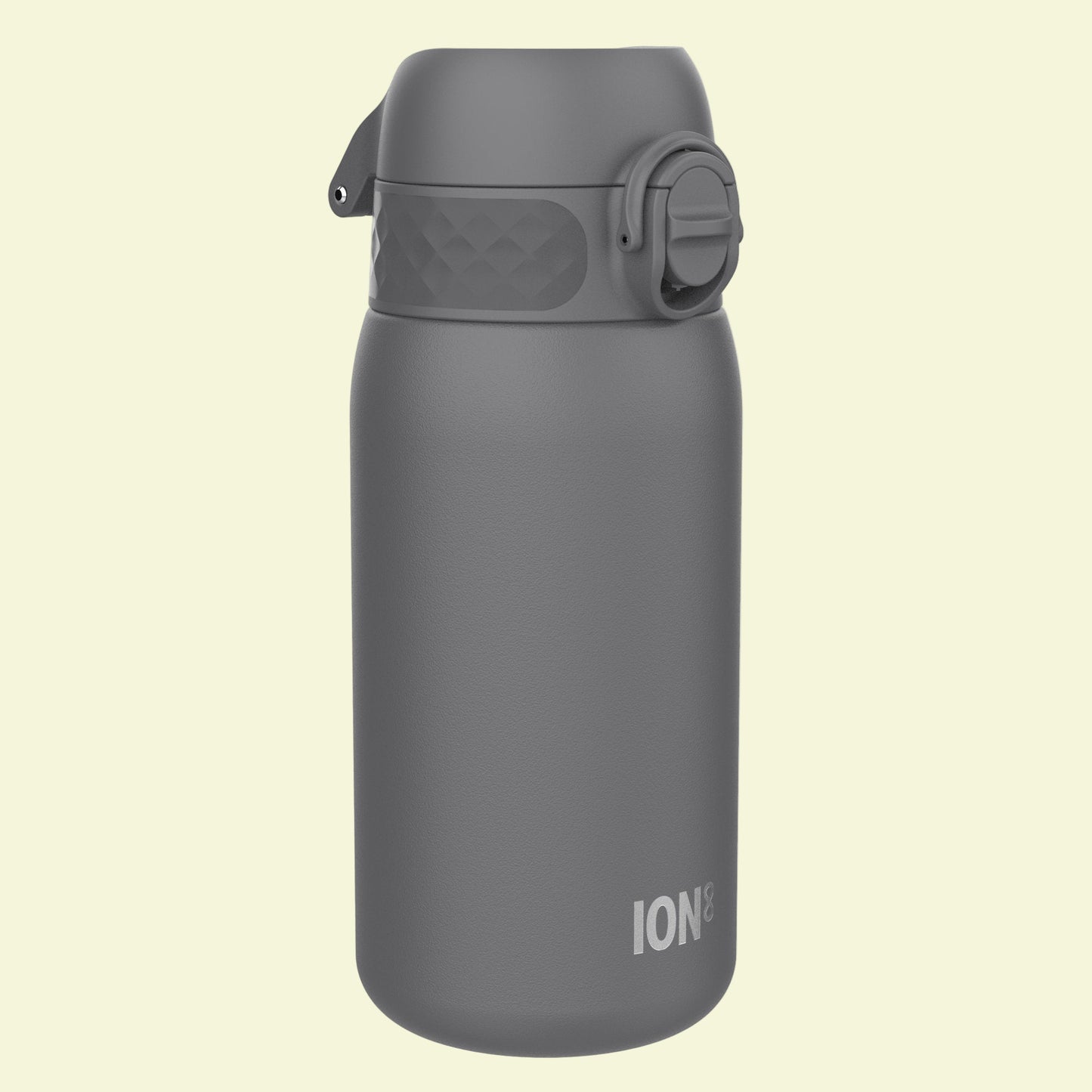 Gray water bottle with 'ION' branding on a white background