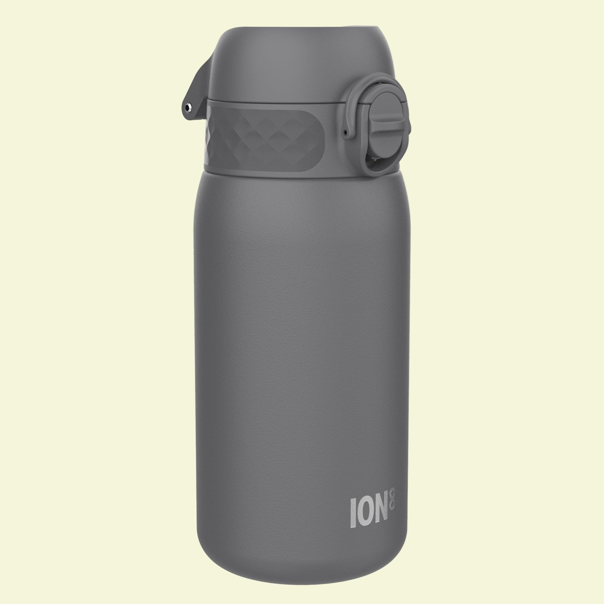 Gray water bottle with 'ION' branding on a white background