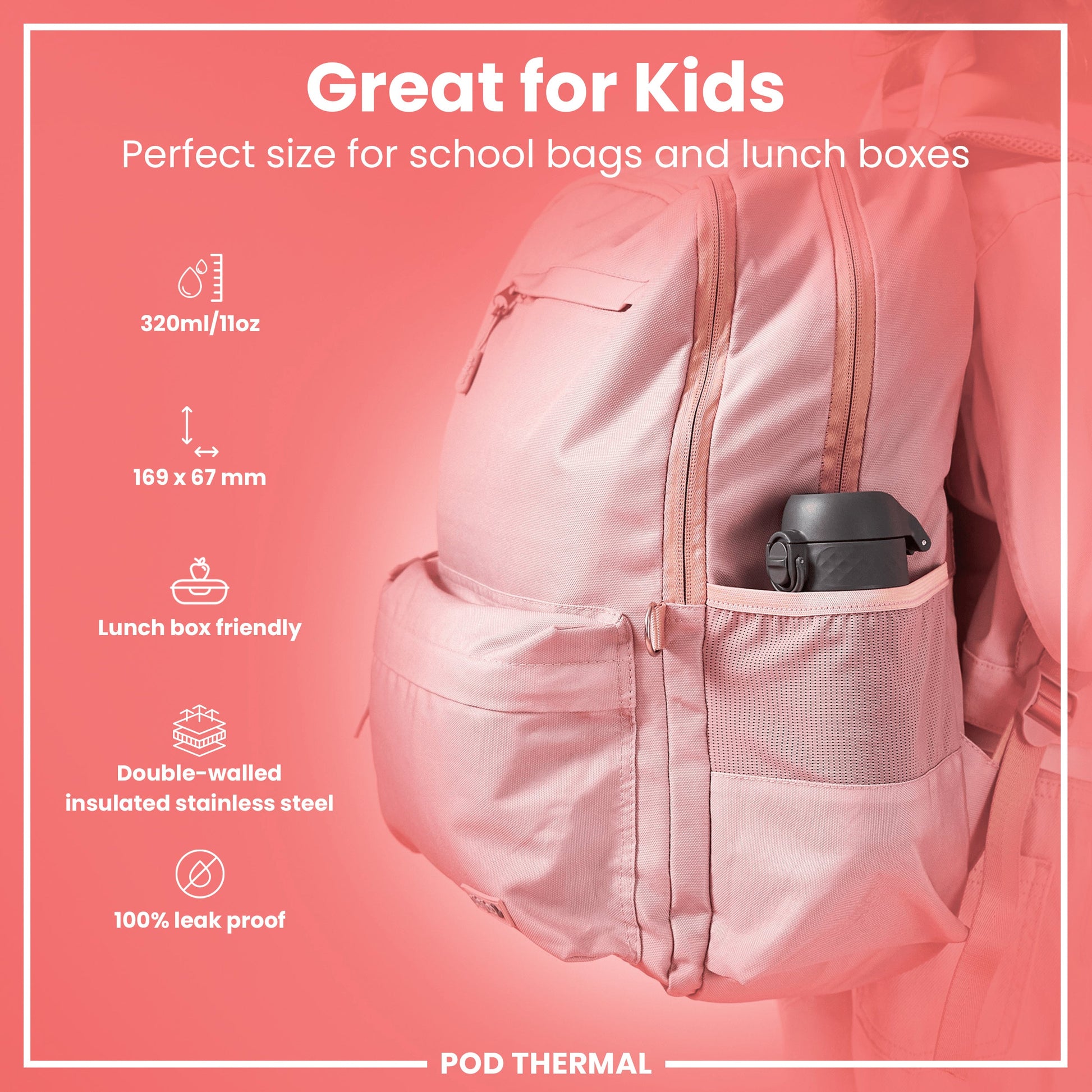 Pink backpack with a thermos in the pocket on a pink background, featuring text about its suitability for kids and product features.