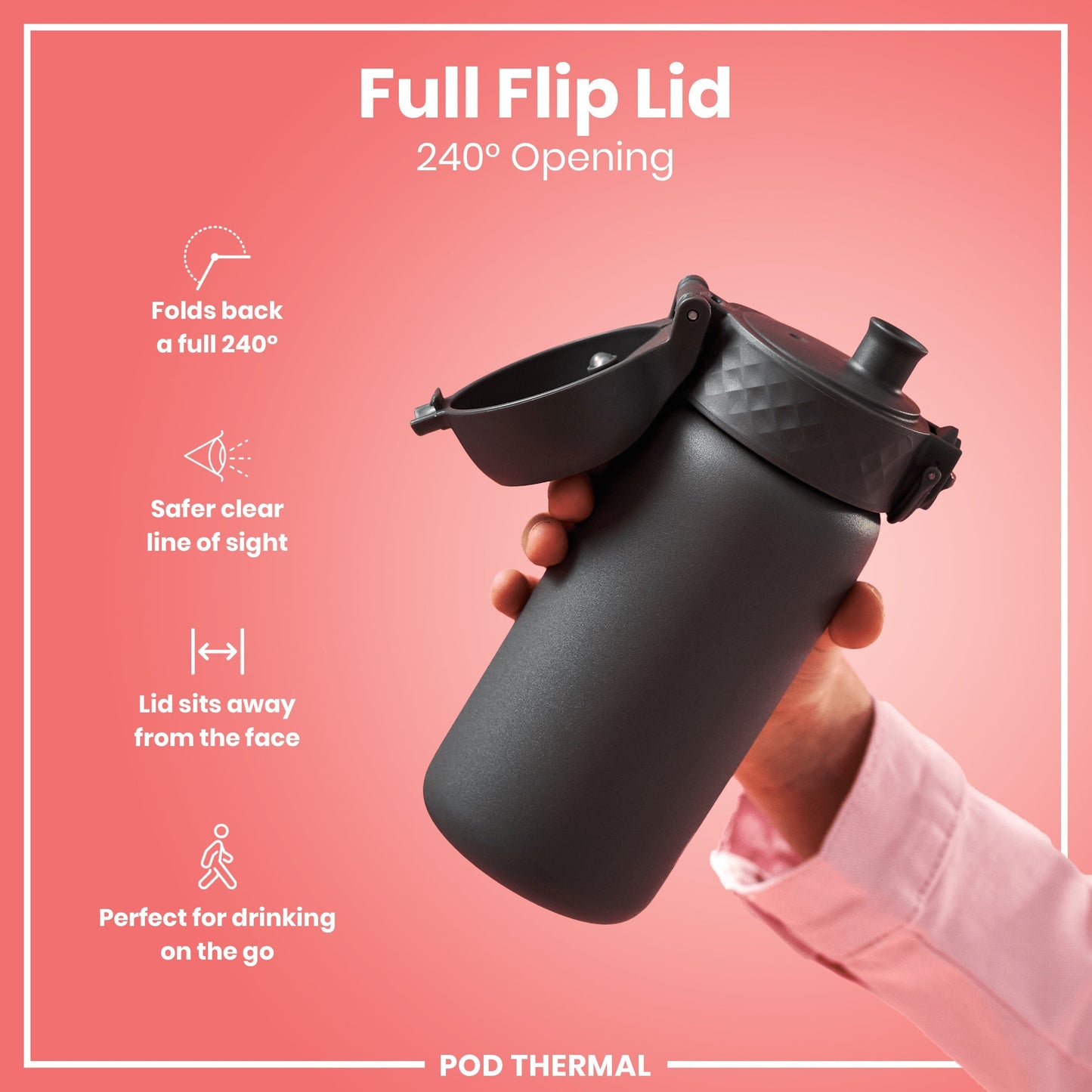 Black thermos with full flip lid on a pink background, featuring text and icons about the lid's features.