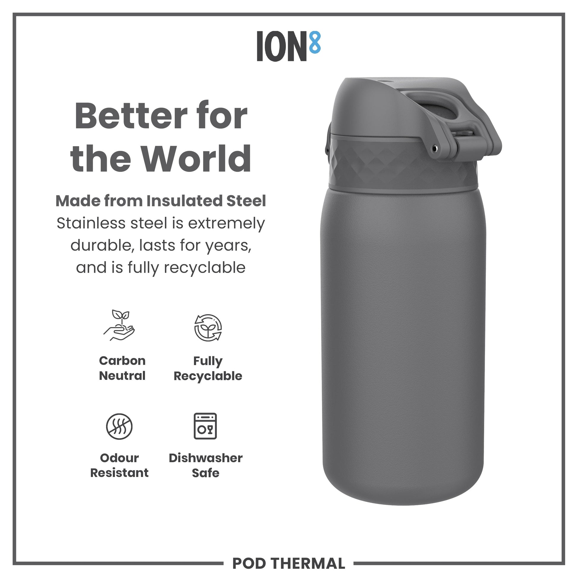 Gray insulated steel water bottle with ION8 branding and sustainability features listed.