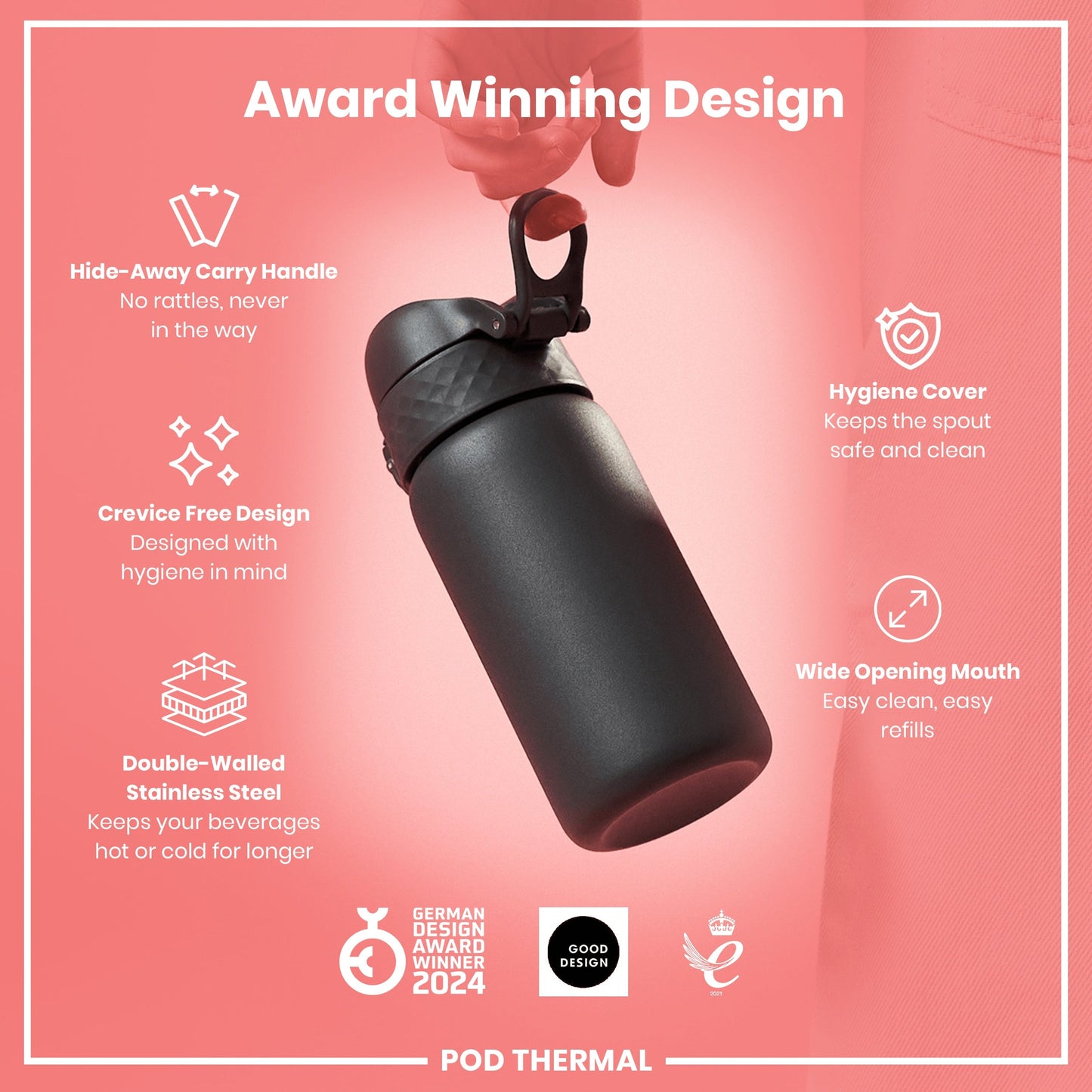 Black water bottle with features highlighted on a pink background, including 'Award Winning Design' text.