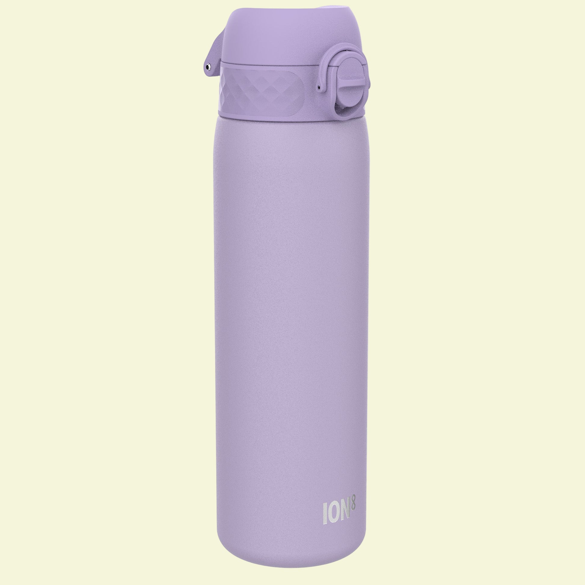 Purple water bottle with 'ION' branding on a white background