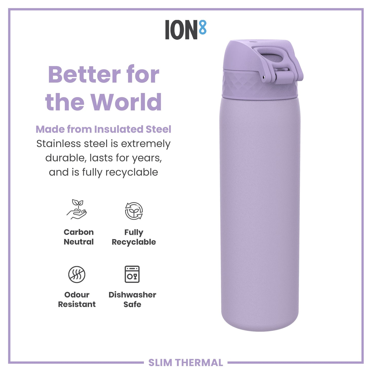 Purple insulated steel water bottle with 'ION8' branding and sustainability features listed.
