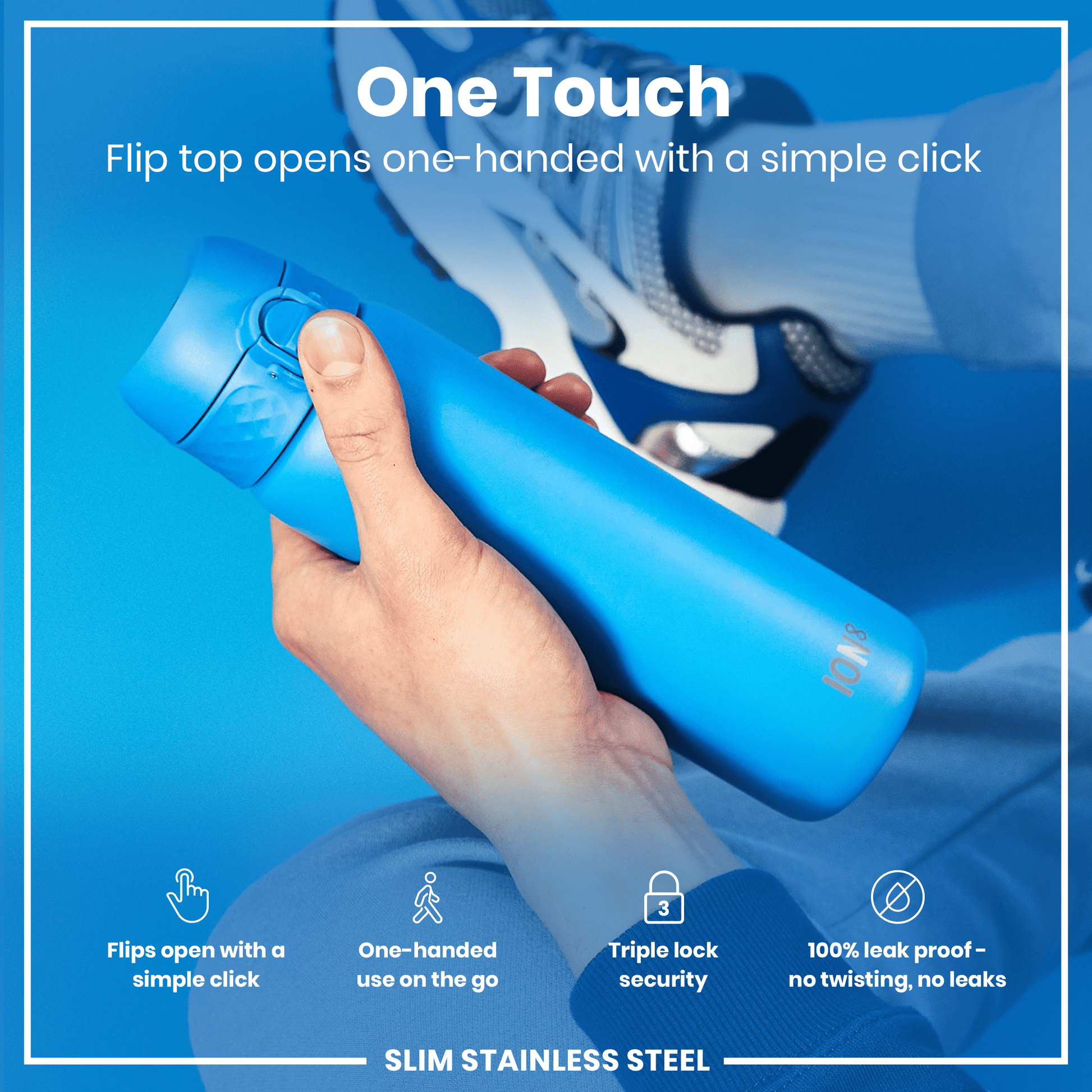 Blue water bottle with flip top being opened by a hand, set against a blue background with product features listed.