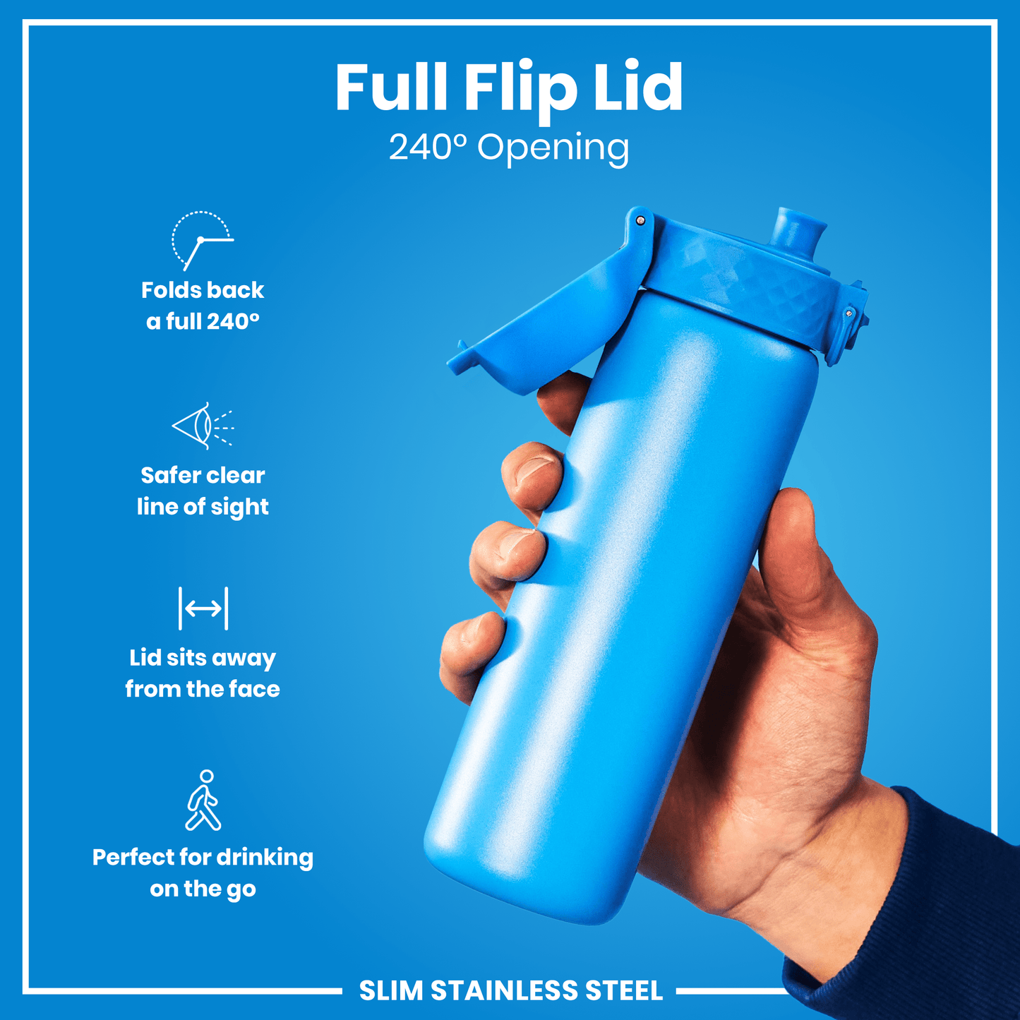 Blue stainless steel water bottle with a full flip lid held by a hand on a blue background