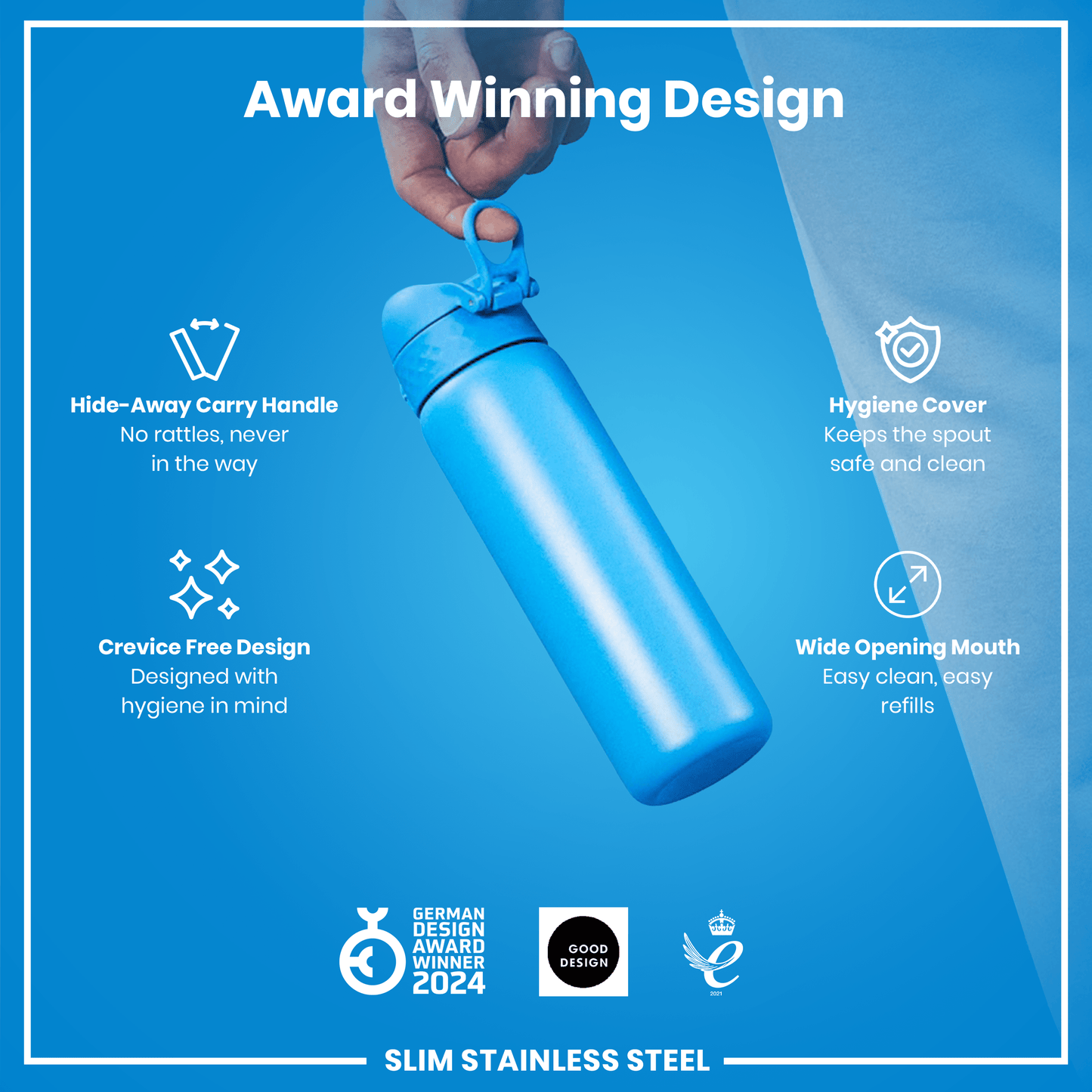 Blue water bottle with features highlighted on a blue background