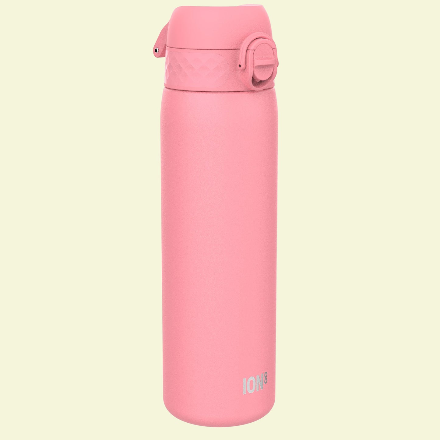 Pink water bottle with a white background