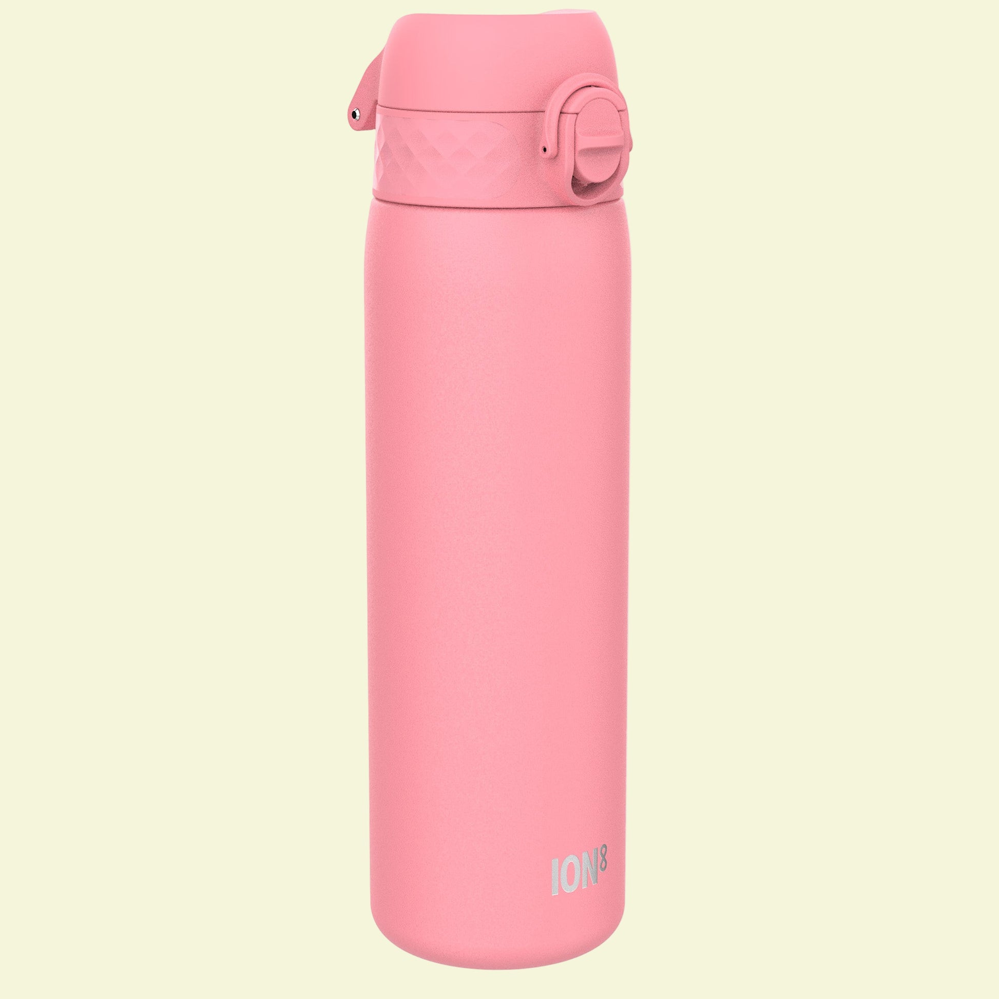 Pink water bottle with a white background