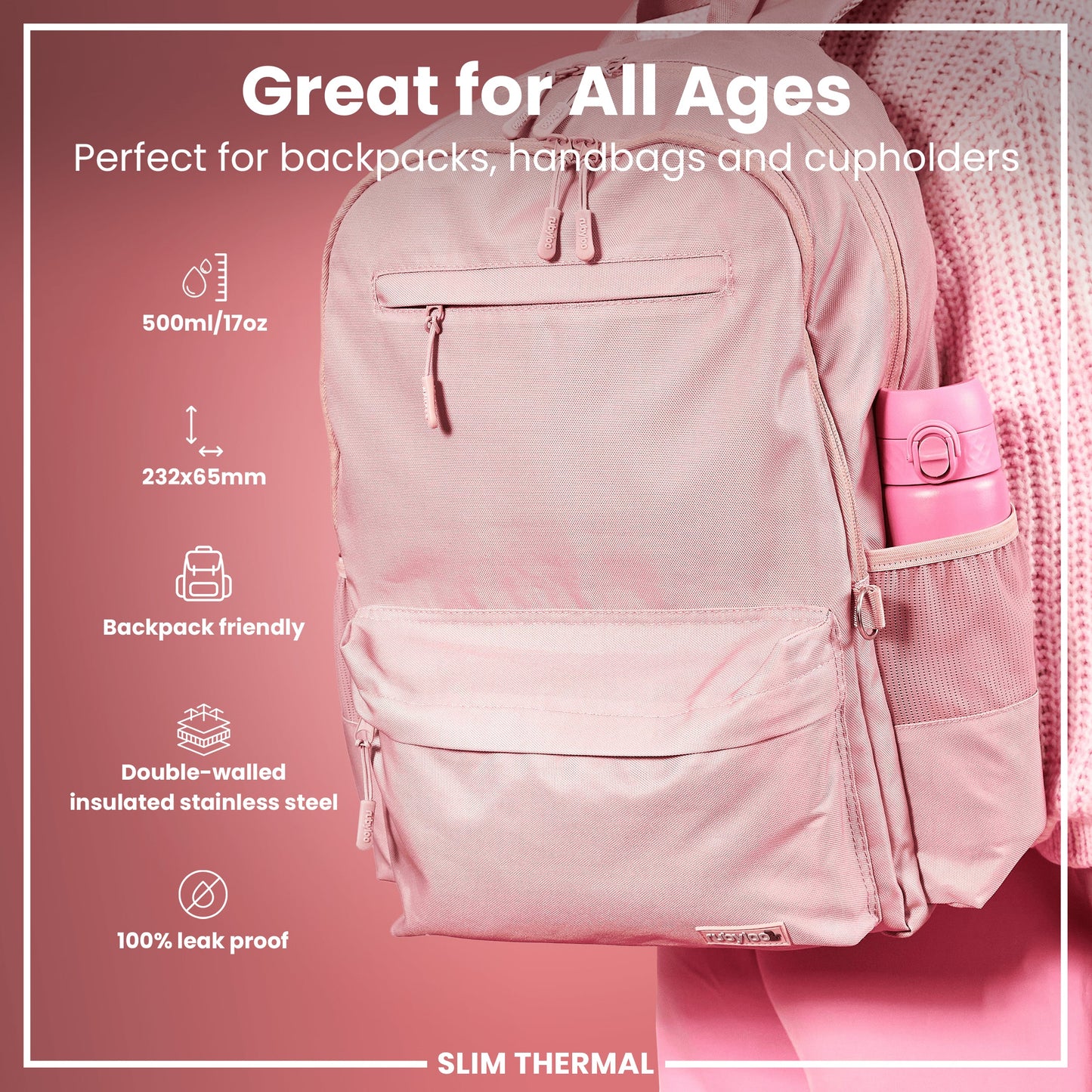 Pink backpack with a pink thermos inside, on a pink background with product features listed.