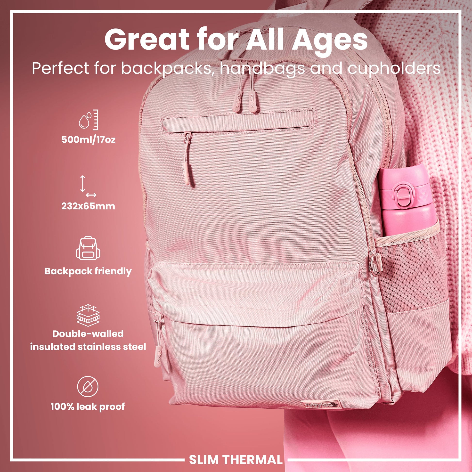 Pink backpack with a pink thermos inside, on a pink background with product features listed.