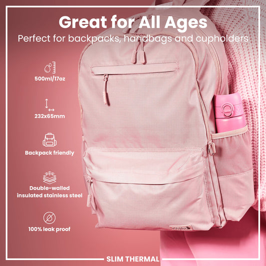 Pink backpack with a pink thermos inside, on a pink background with product features listed.