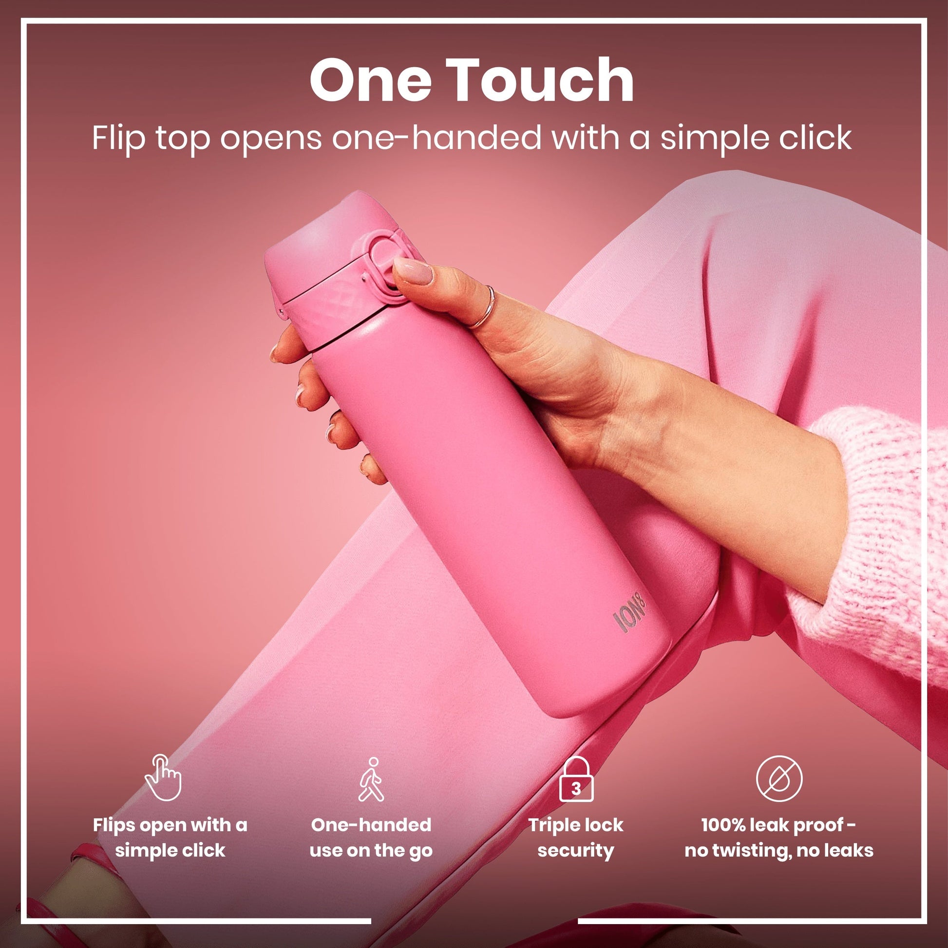 Pink water bottle with flip top being held, labeled 'One Touch' on a pink background.
