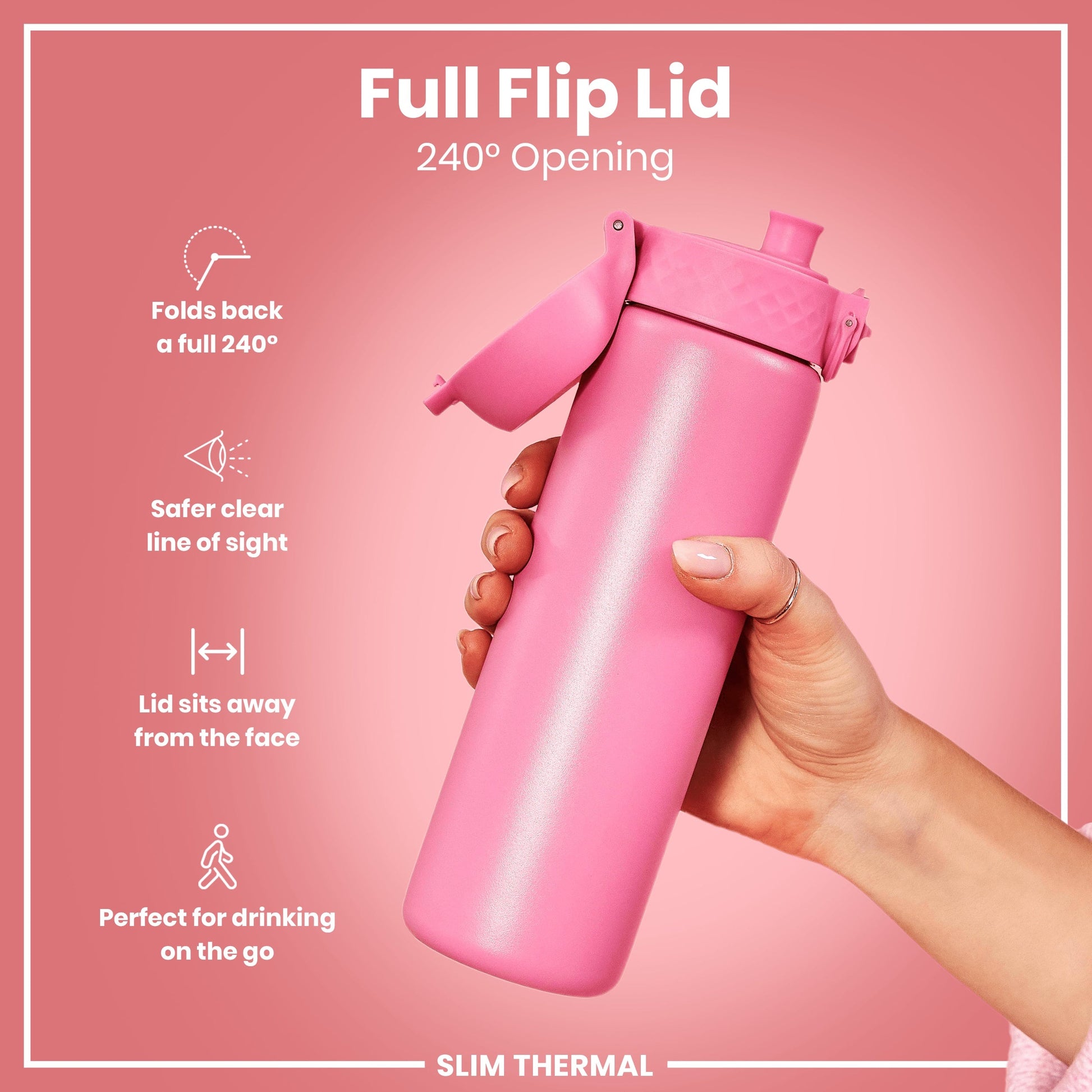 Pink water bottle with a full flip lid on a pink background