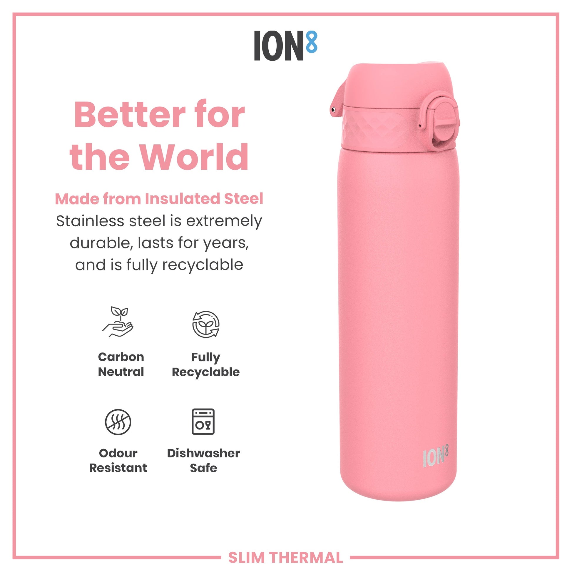 Pink insulated steel water bottle with ION8 branding on a white background