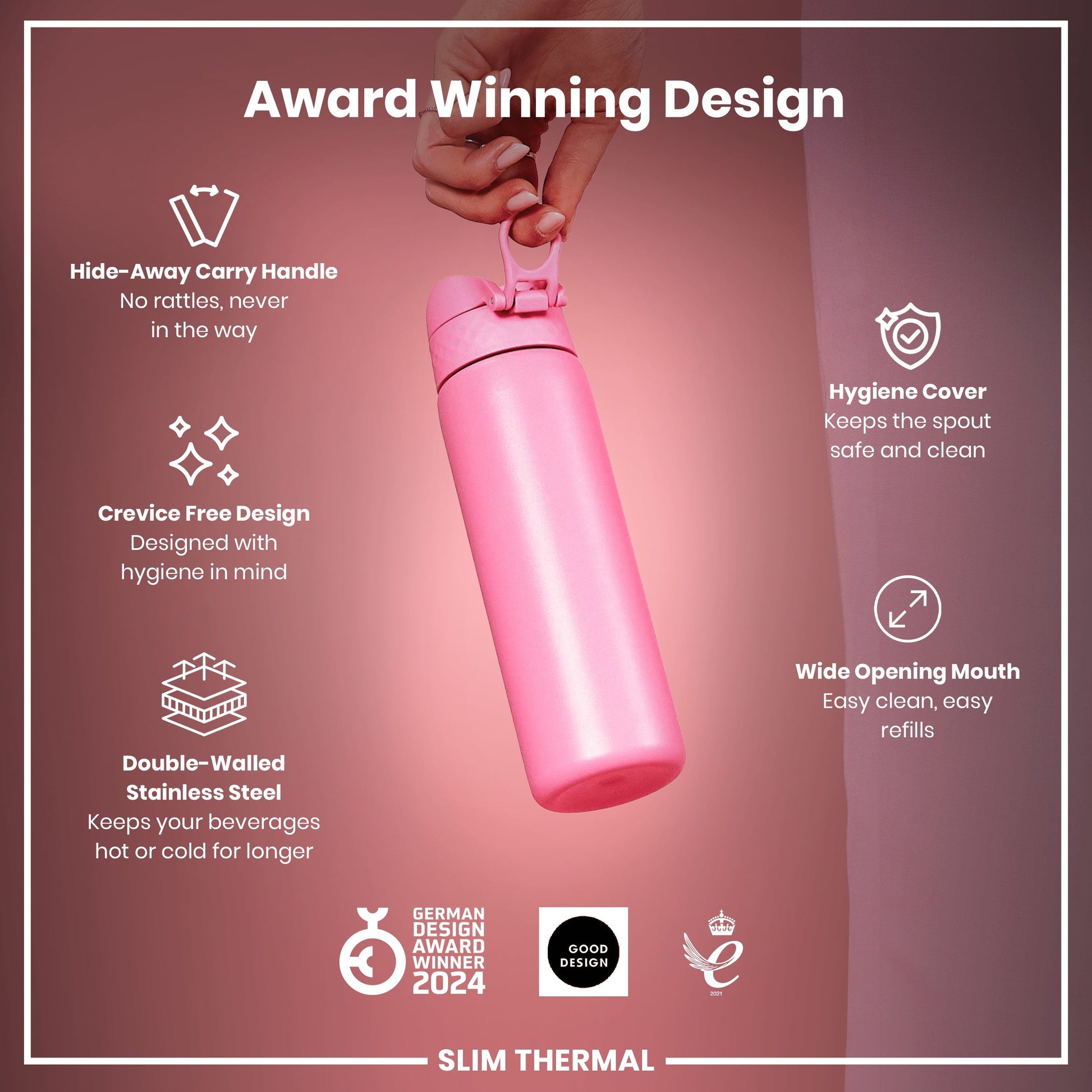 Pink water bottle with features highlighted on a pink background