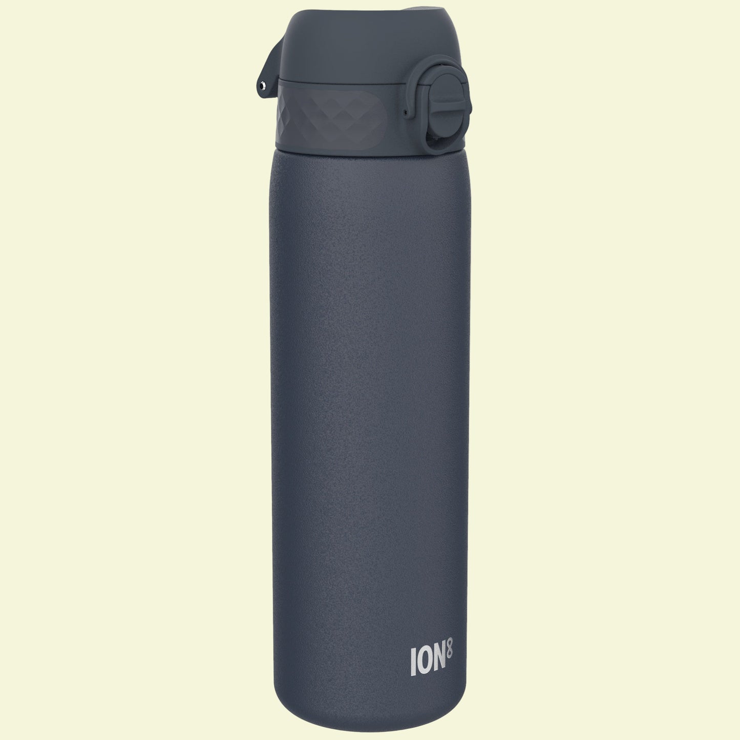 Dark gray water bottle with a textured finish on a white background