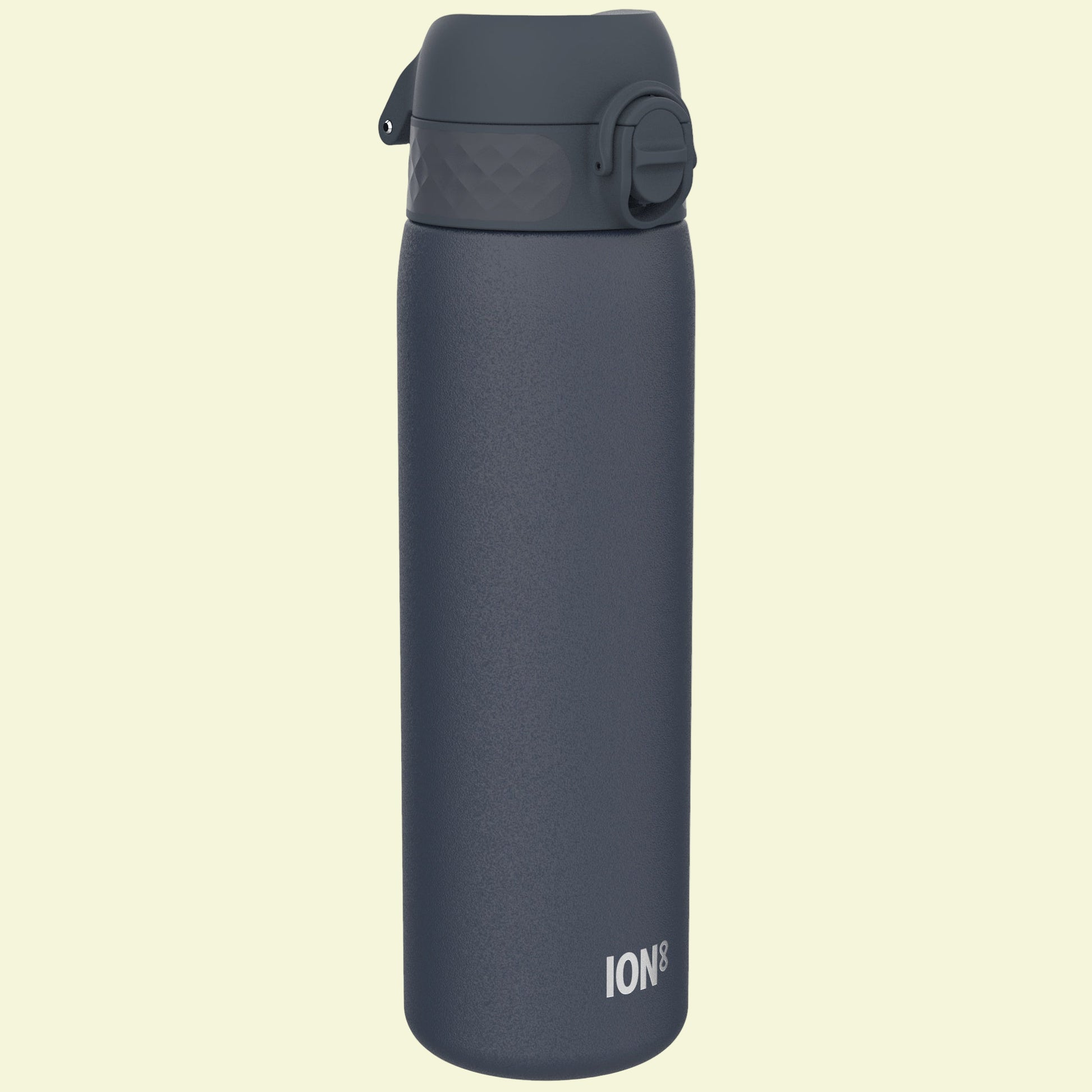 Dark gray water bottle with a textured finish on a white background