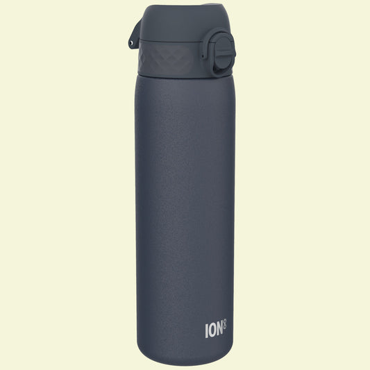 Dark gray water bottle with a textured finish on a white background