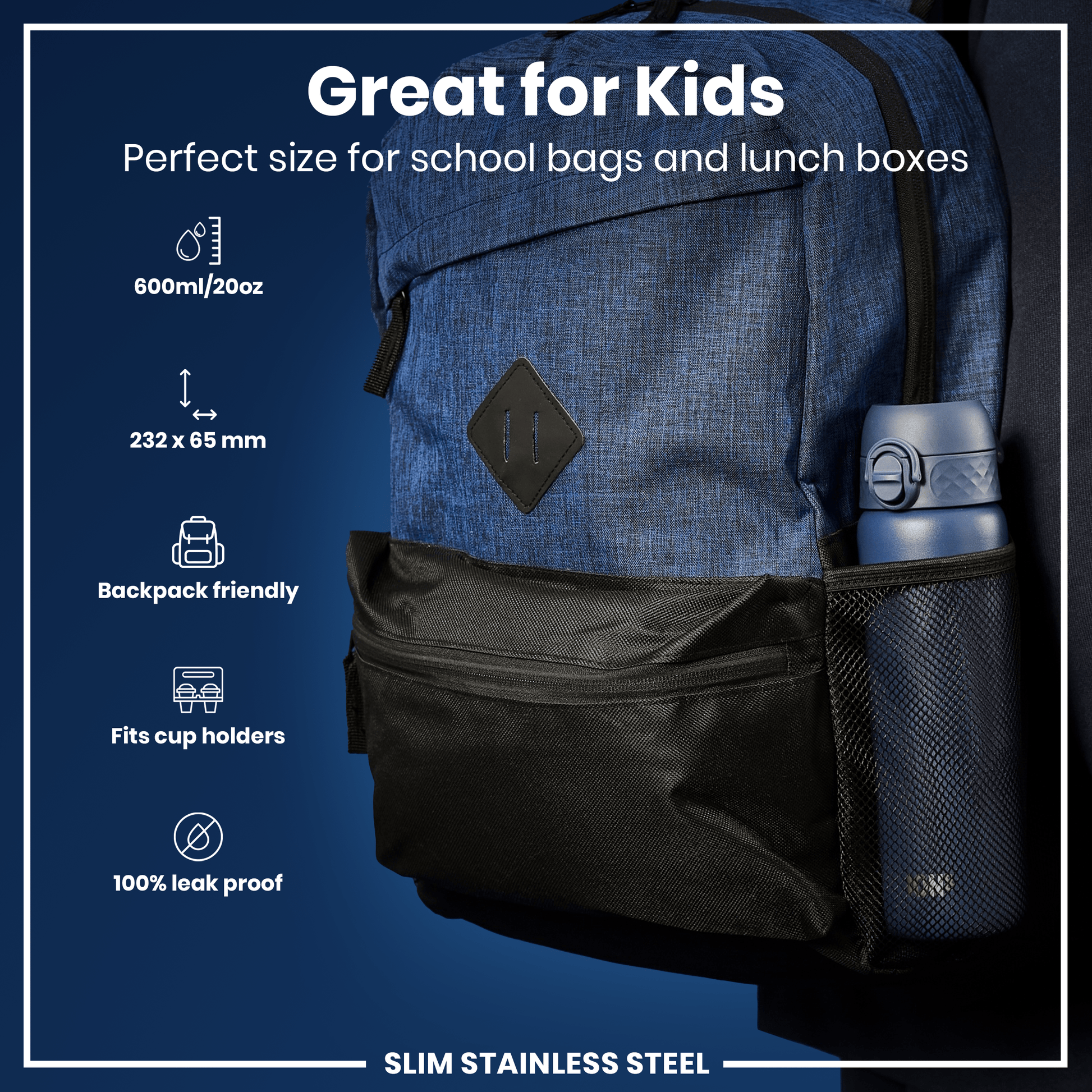 Blue backpack with black interior pocket and water bottle holder on a blue background with product features listed.