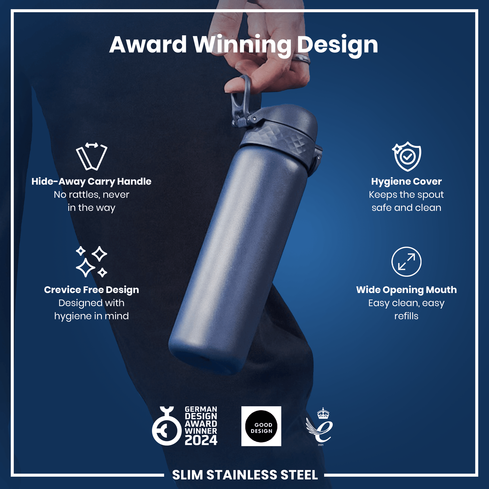 Blue stainless steel water bottle with features highlighted on a blue background