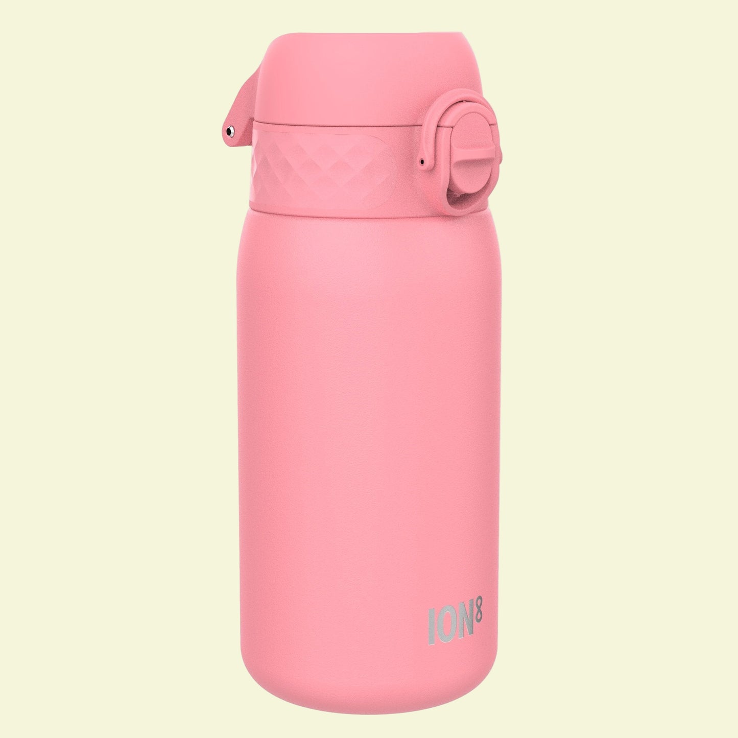 Pink water bottle with a strap on a white background