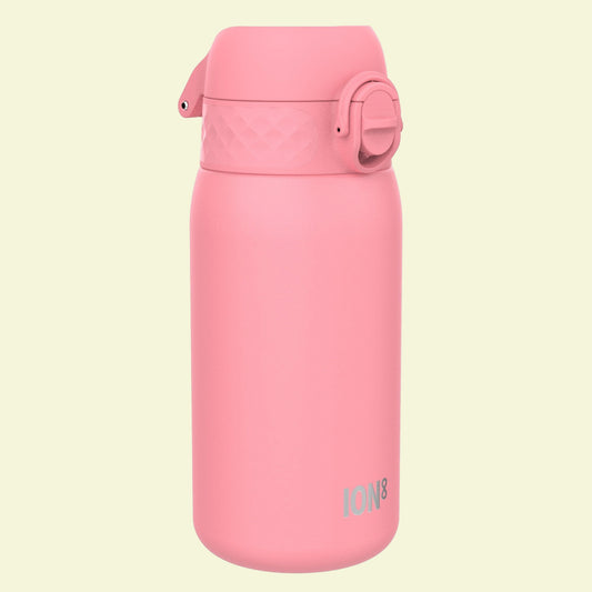 Pink water bottle with a strap on a white background