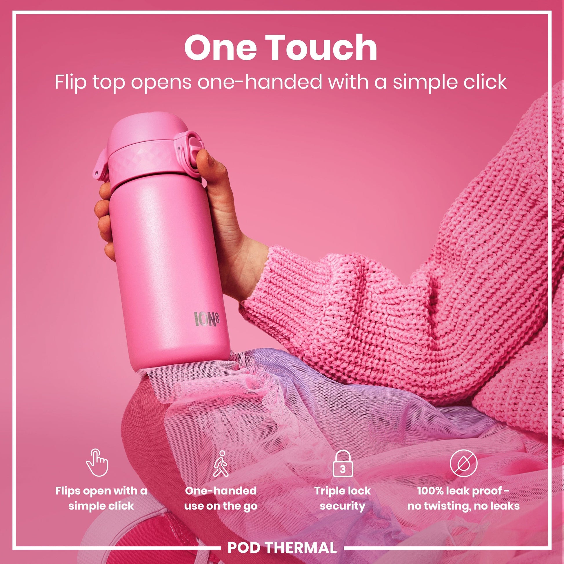 Pink thermos bottle with text on a pink background