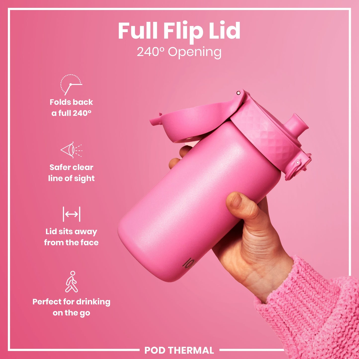 Pink thermos with full flip lid on a pink background