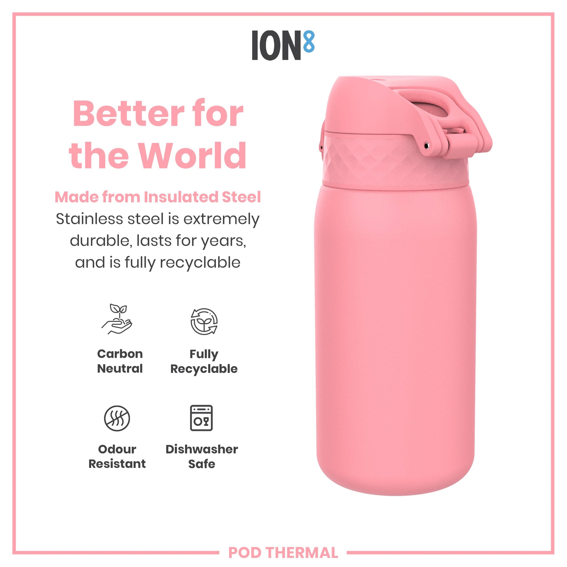 Pink insulated steel water bottle with ION8 branding on a white background
