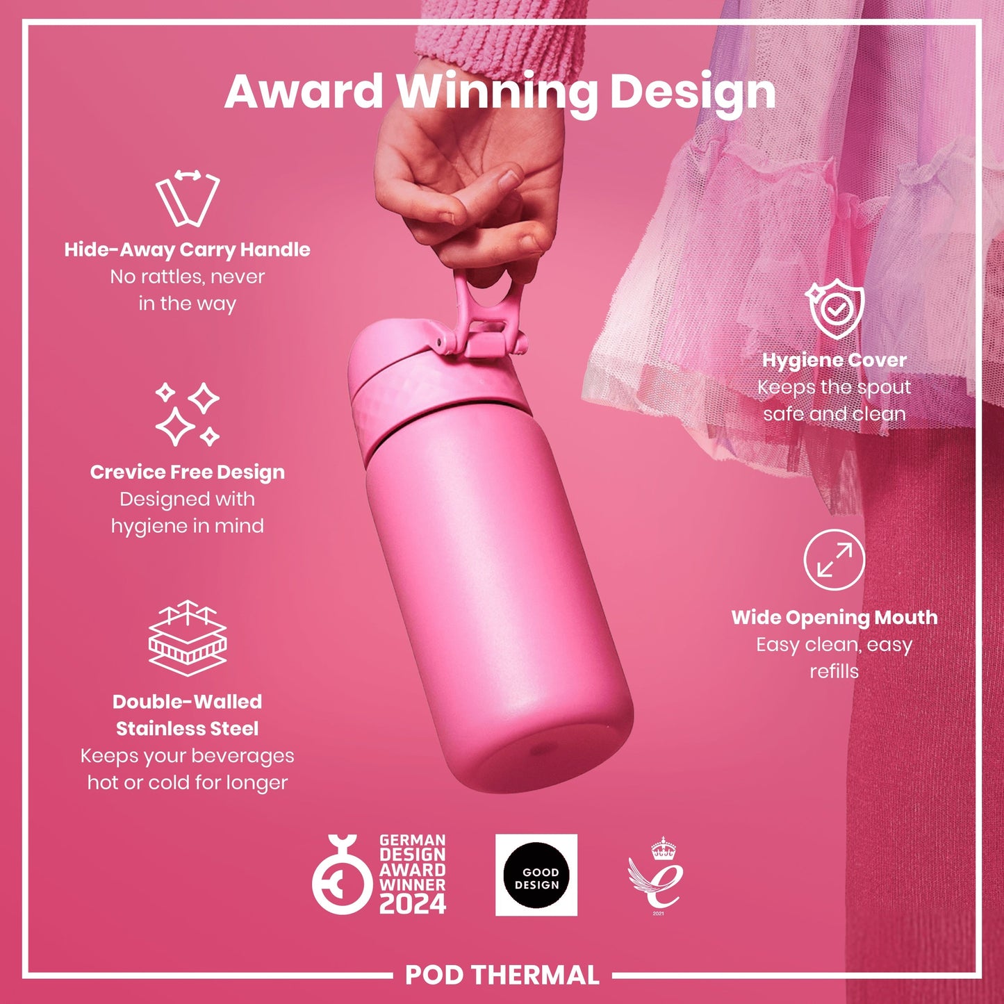 Pink water bottle with features listed on a pink background, including 'German Design Award 2024' certification.