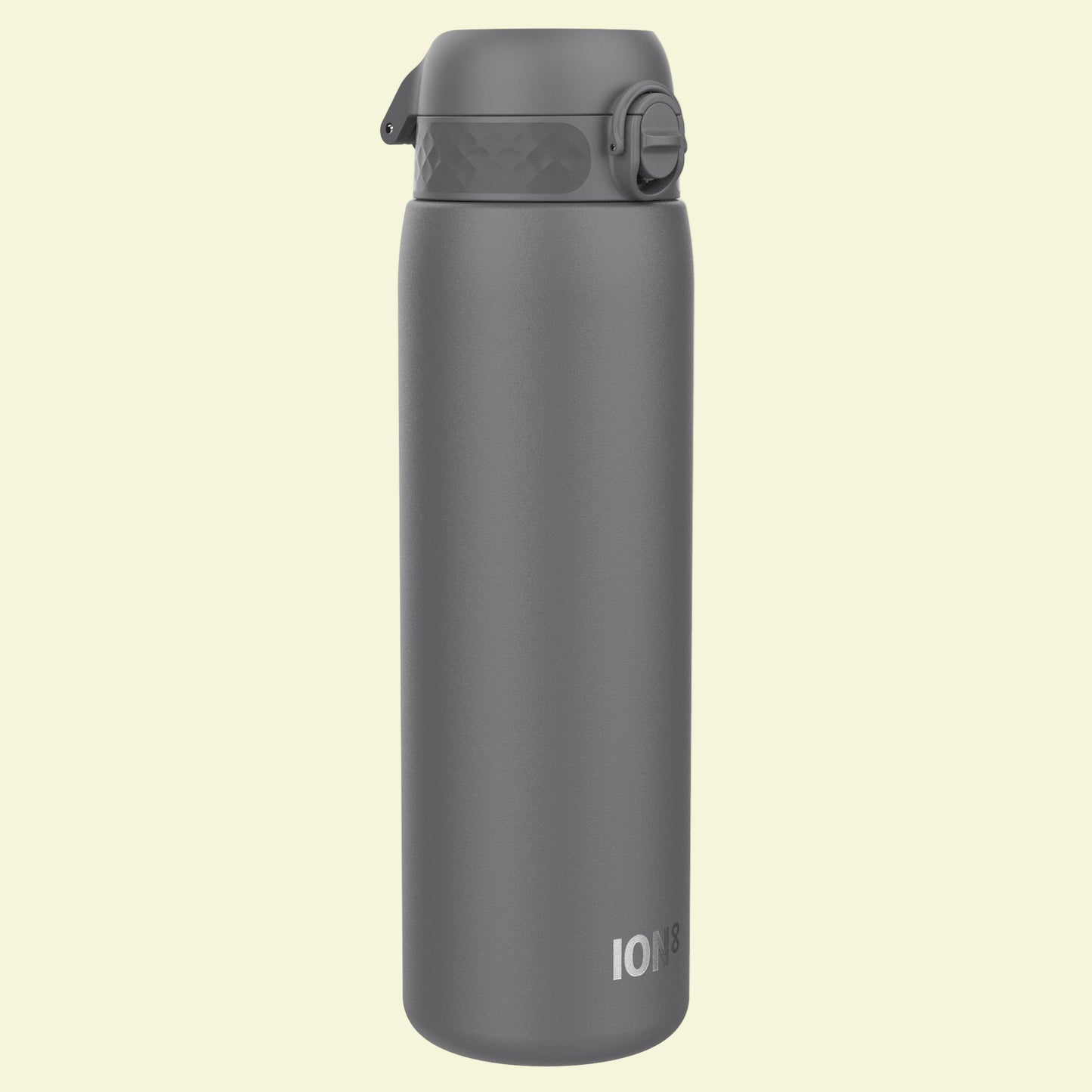 Gray water bottle with a flip lid on a white background