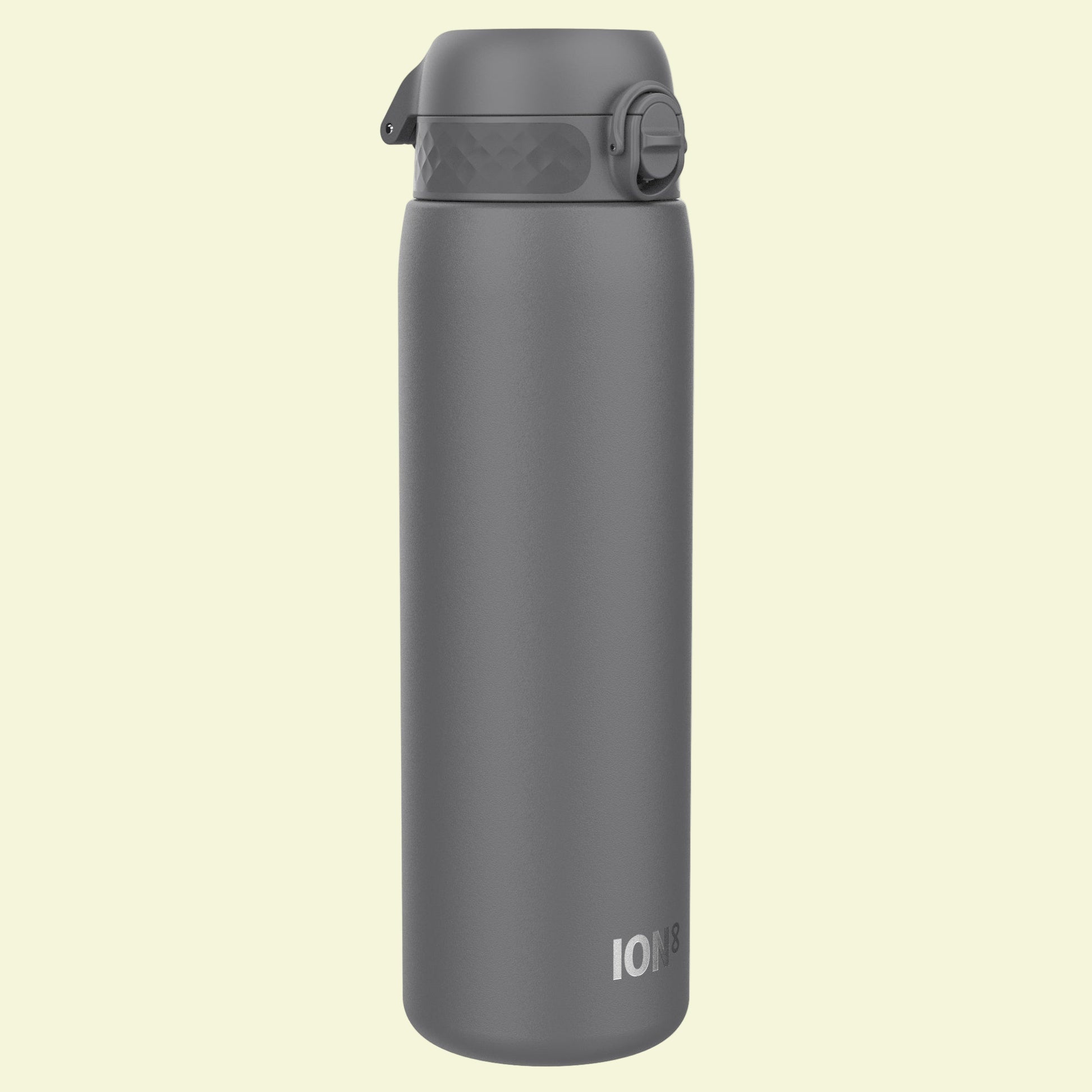 Gray water bottle with a flip lid on a white background