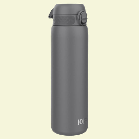Gray water bottle with a flip lid on a white background