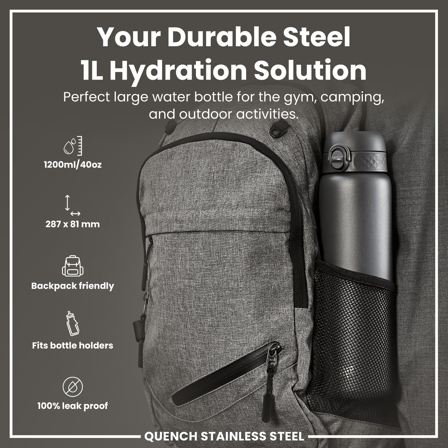 Gray backpack with a black water bottle labeled 'Your Durable Steel 1L Hydration Solution' on a gray background.