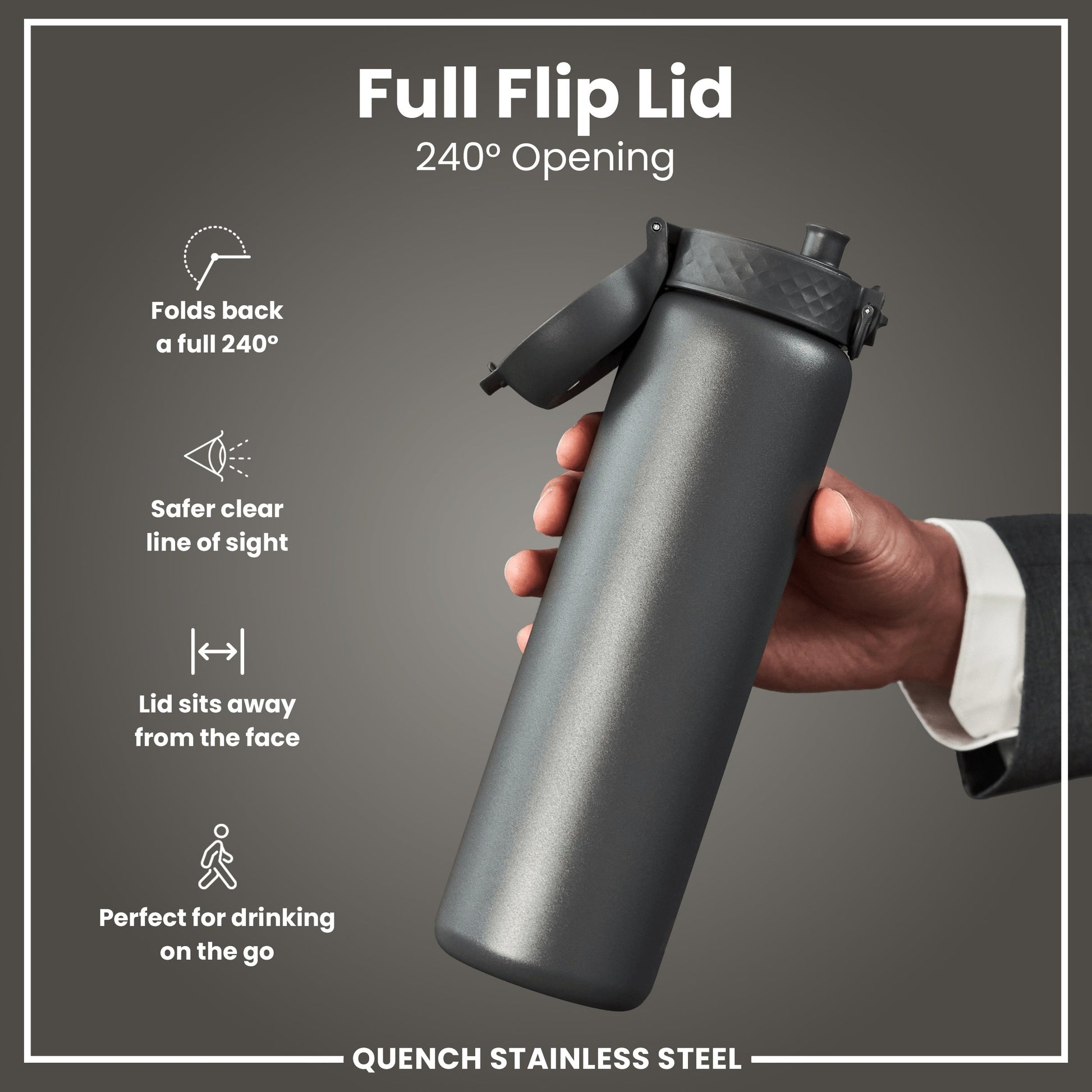 Black stainless steel water bottle with a full flip lid held by a hand on a gray background.