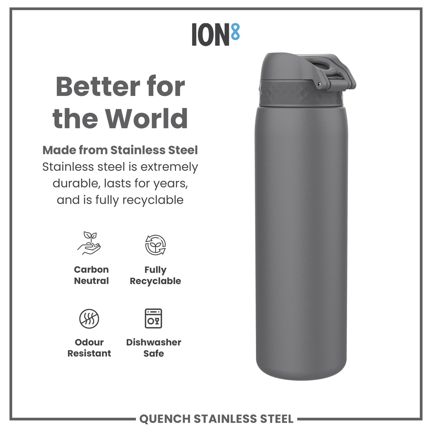 Gray stainless steel water bottle with 'ION8' branding and sustainability features listed.