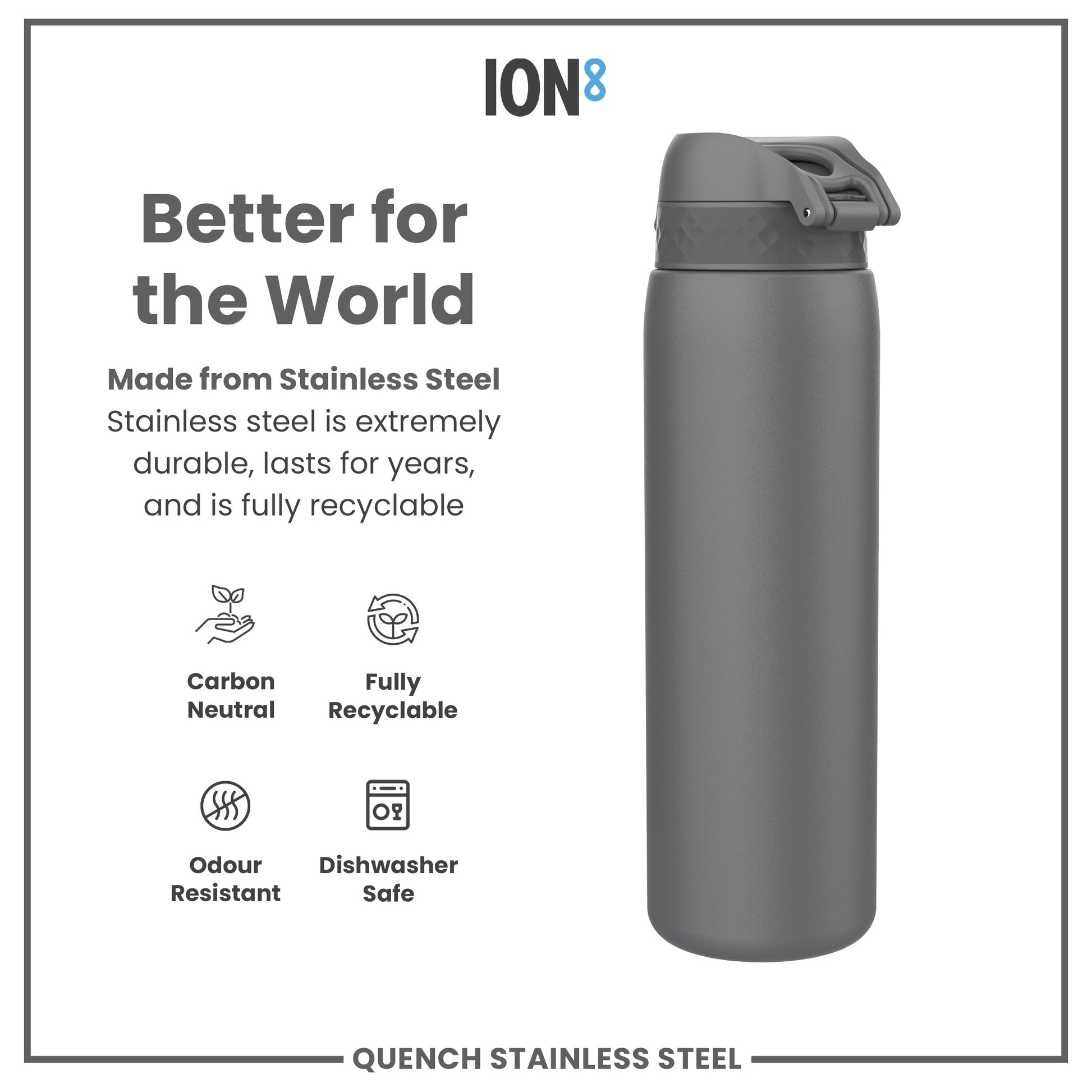 Gray stainless steel water bottle with 'ION8' branding and sustainability features listed.