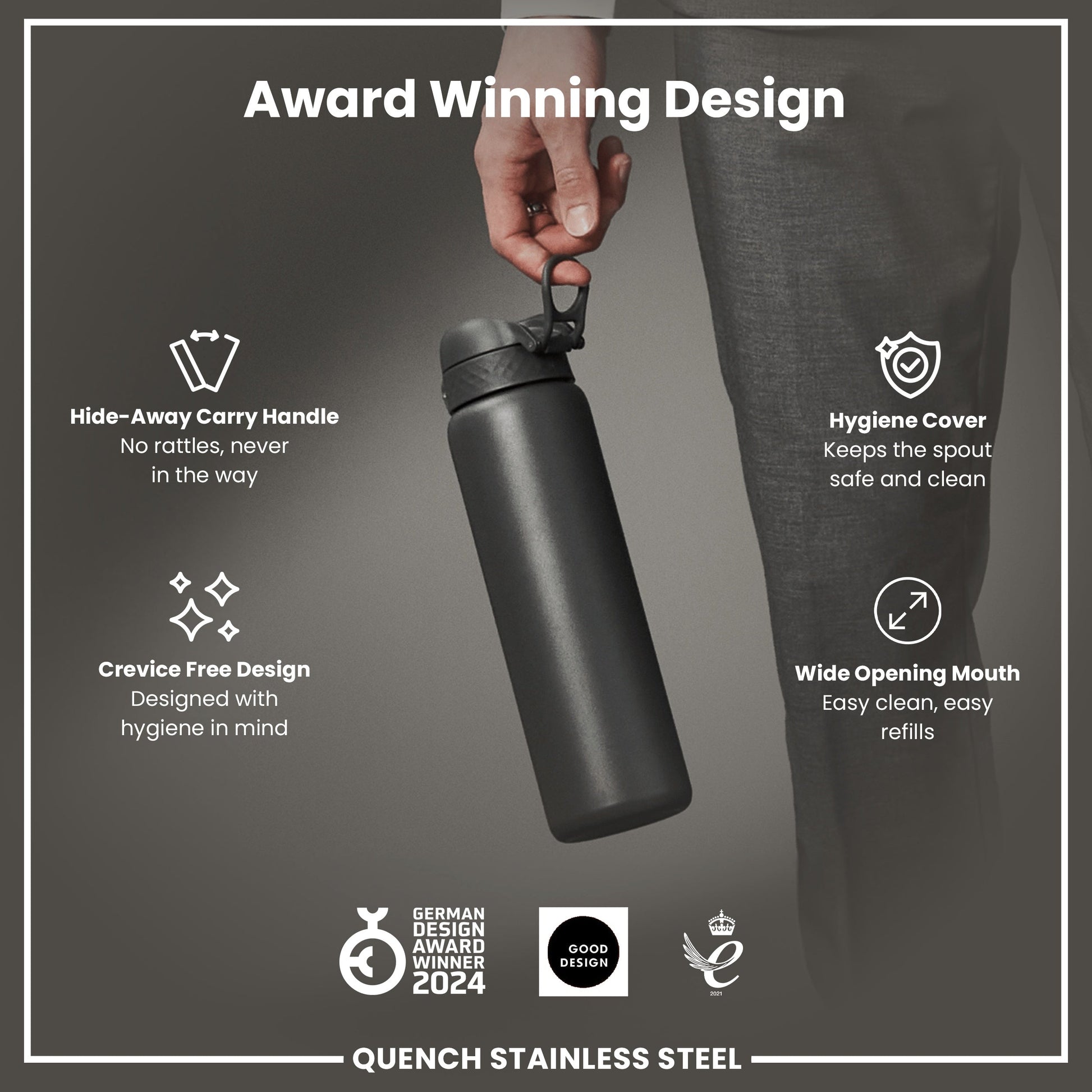 Black stainless steel water bottle with features highlighted on a gray background