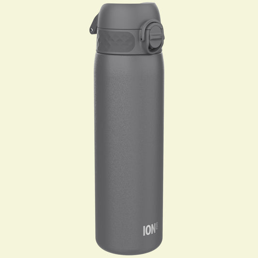 Gray water bottle with a flip lid on a white background