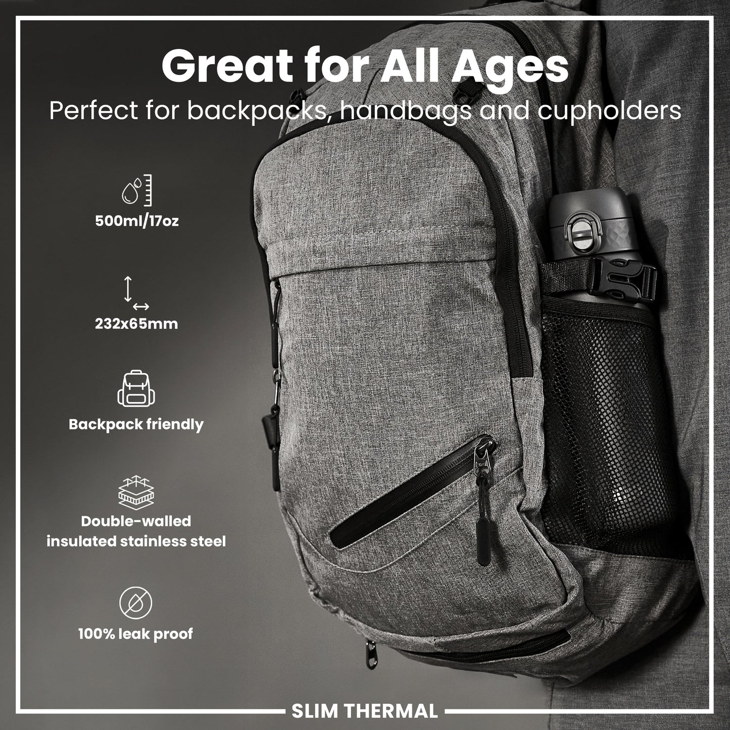 Gray backpack with a water bottle, featuring text about its suitability for various uses and features.