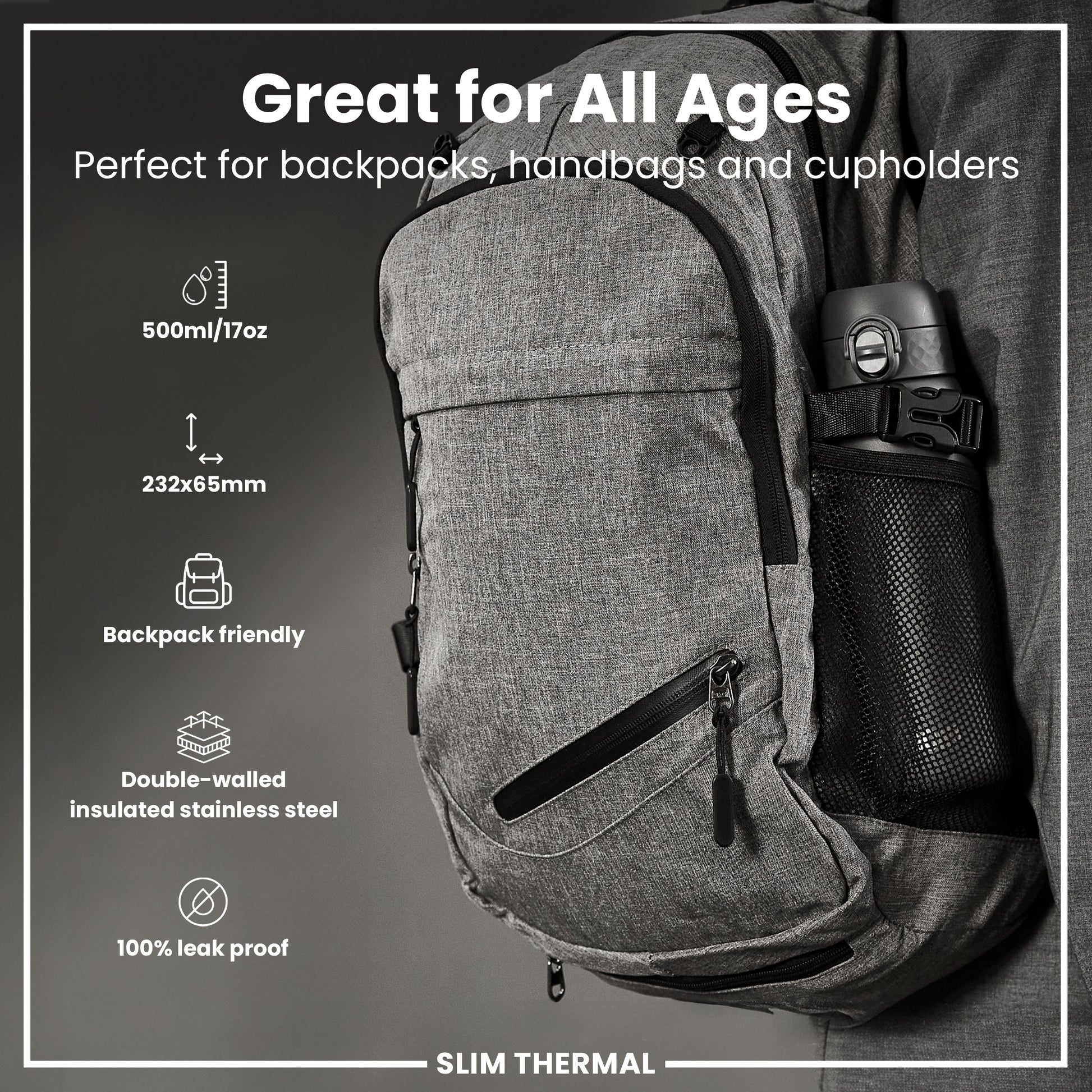 Gray backpack with a water bottle, featuring text about its suitability for various uses and features.