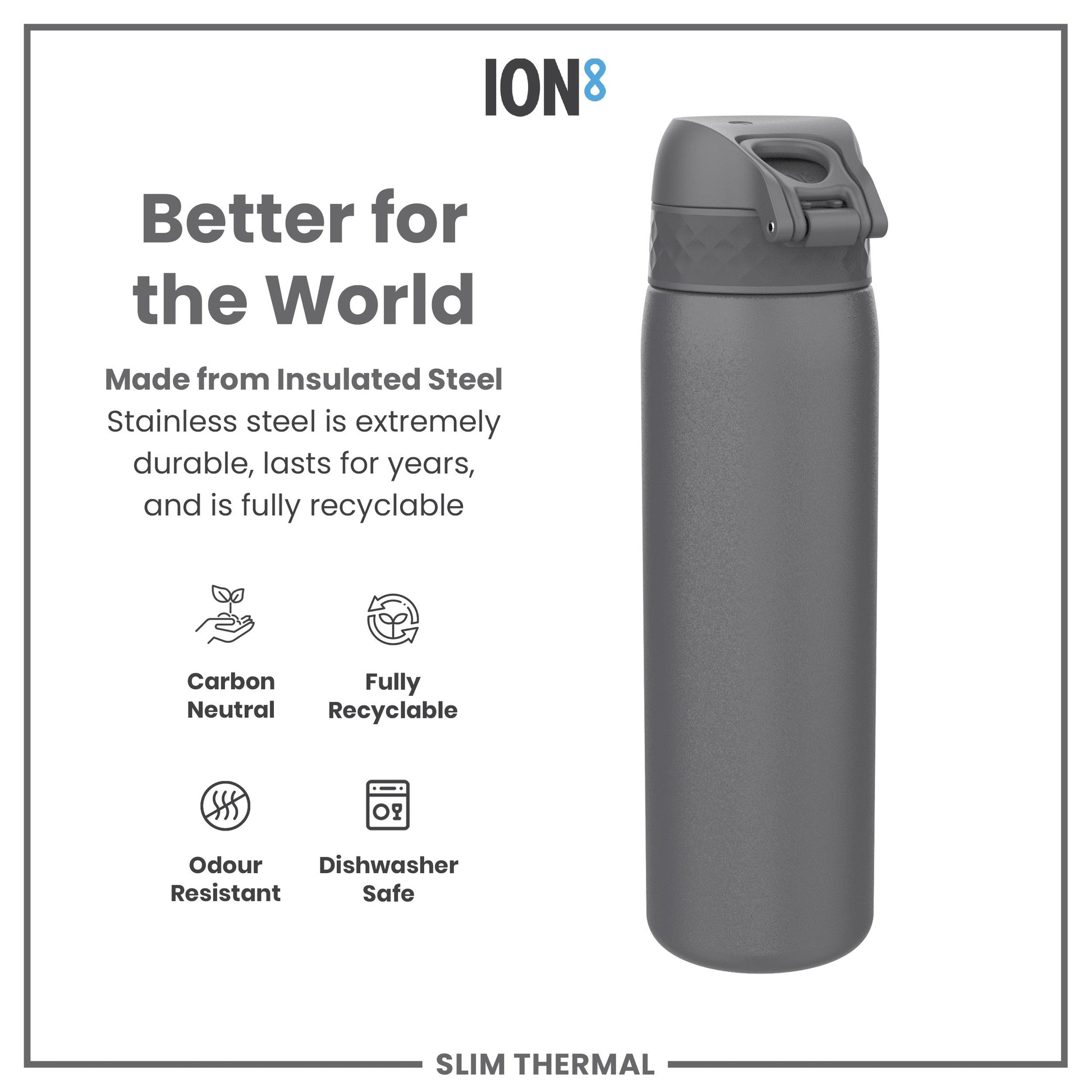 Gray insulated steel water bottle with ION8 branding and sustainability features on a white background.